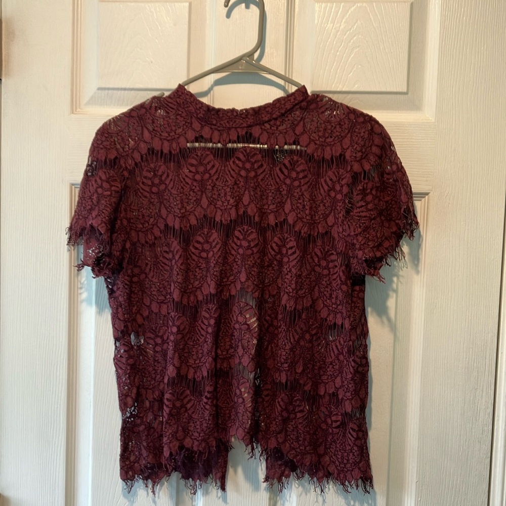 Lace Burgundy Top Inny XL short sleeve zip back see through punk goth